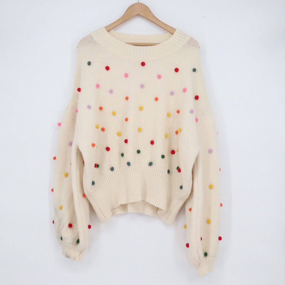 Davi & Dani Cream Pom-Pom Polka Dot Oversized Balloon Sleeve Sweater 3XL